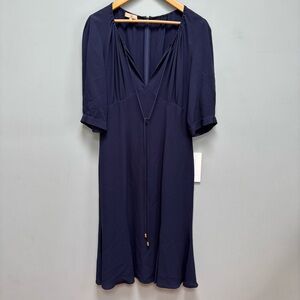 Michael Kors Collection Navy Blue V-Neck Midi Dress with Tie Detail Silk 10